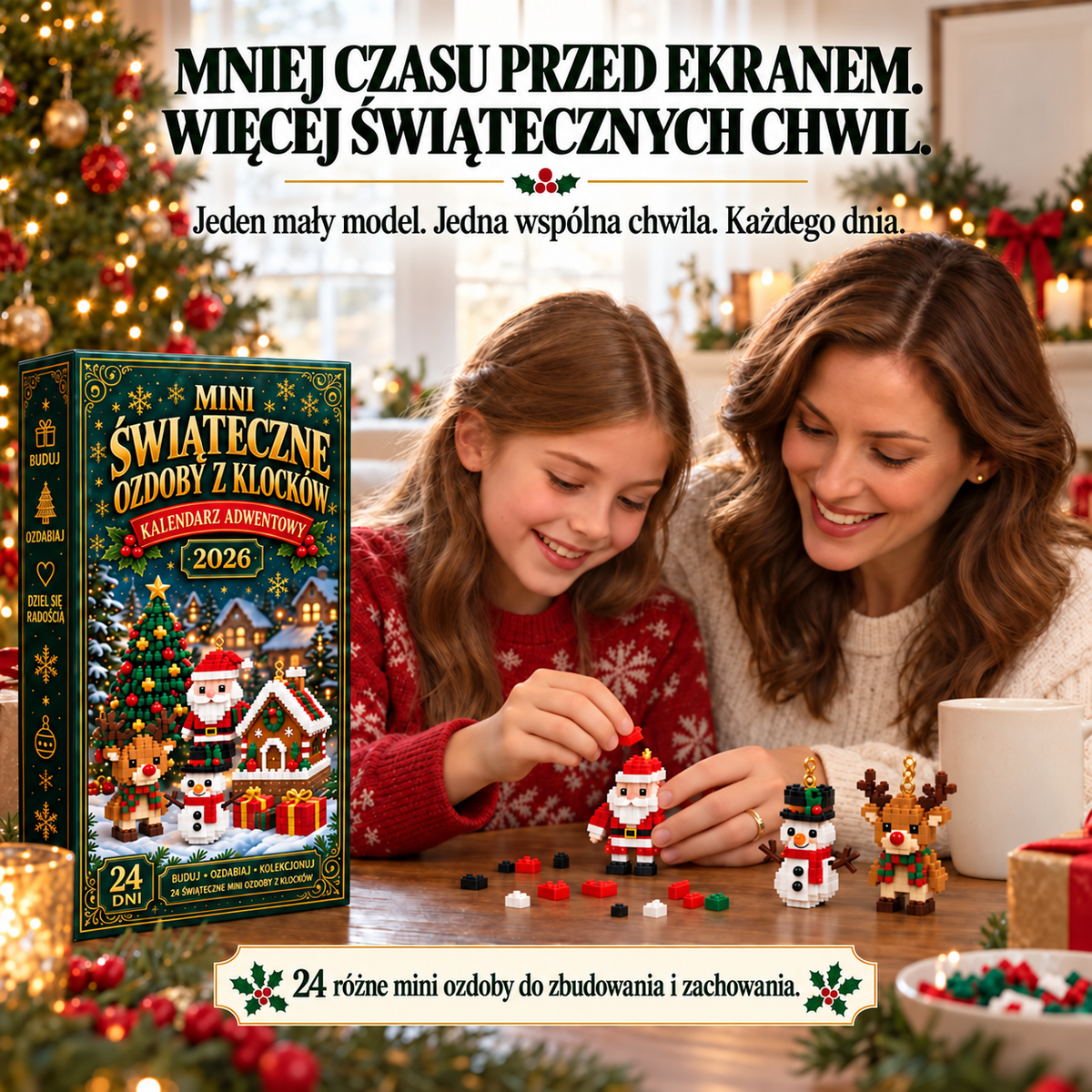 🎄 Billhol® 🎉24-dniowy mini kalendarz adwentowy z klockami i ozdobami świątecznymi – 24 unikalne modele do samodzielnego złożenia