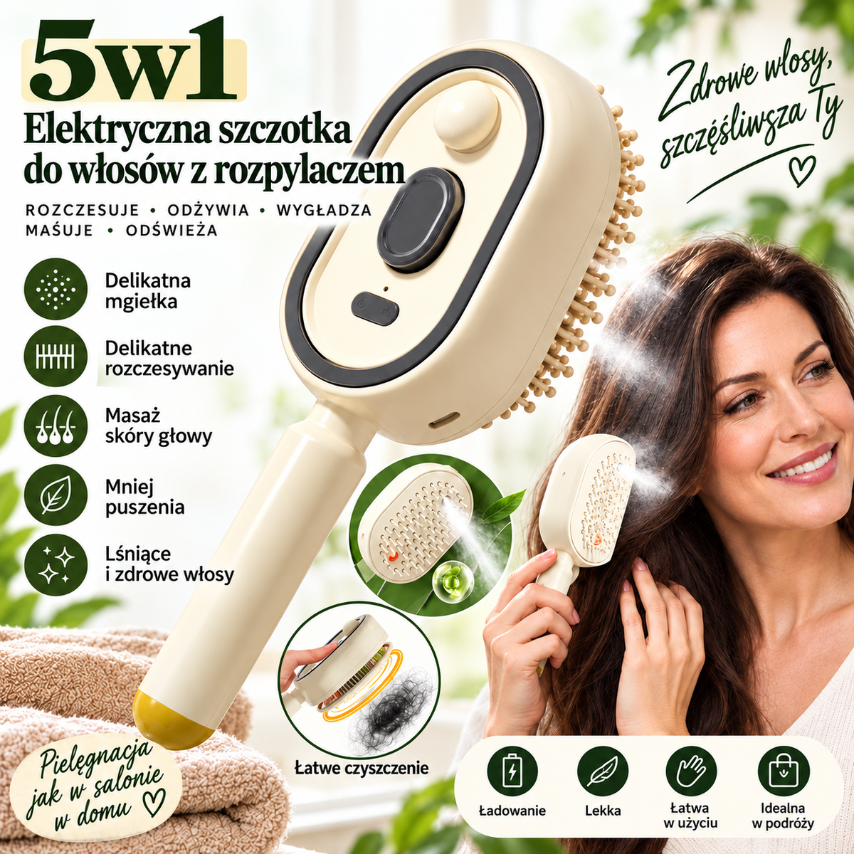 BILLHOL® 💦 Elektryczna szczotka do włosów 5 w 1 – Gładkie i lśniące włosy bez puszenia w kilka chwil | Rozczesuje, masuje i odświeża