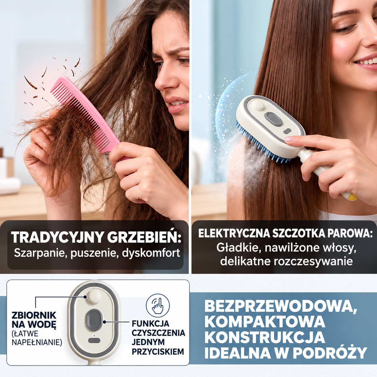 BILLHOL® 💦 Elektryczna szczotka do włosów 5 w 1 – Gładkie i lśniące włosy bez puszenia w kilka chwil | Rozczesuje, masuje i odświeża
