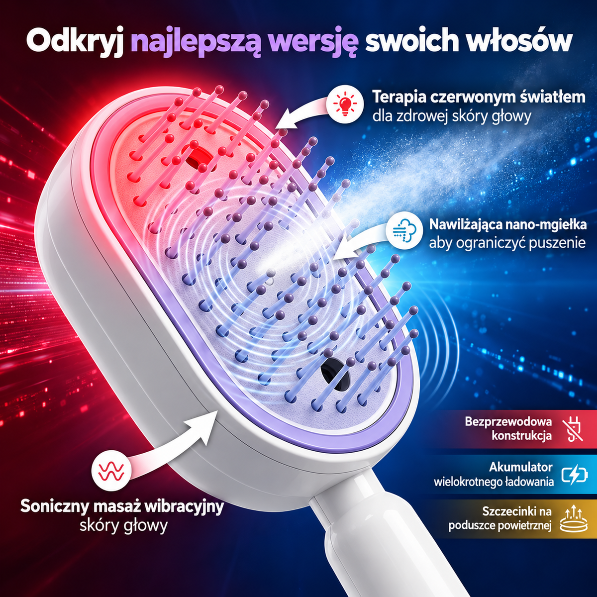 BILLHOL® 💦 Elektryczna szczotka do włosów 5 w 1 – Gładkie i lśniące włosy bez puszenia w kilka chwil | Rozczesuje, masuje i odświeża