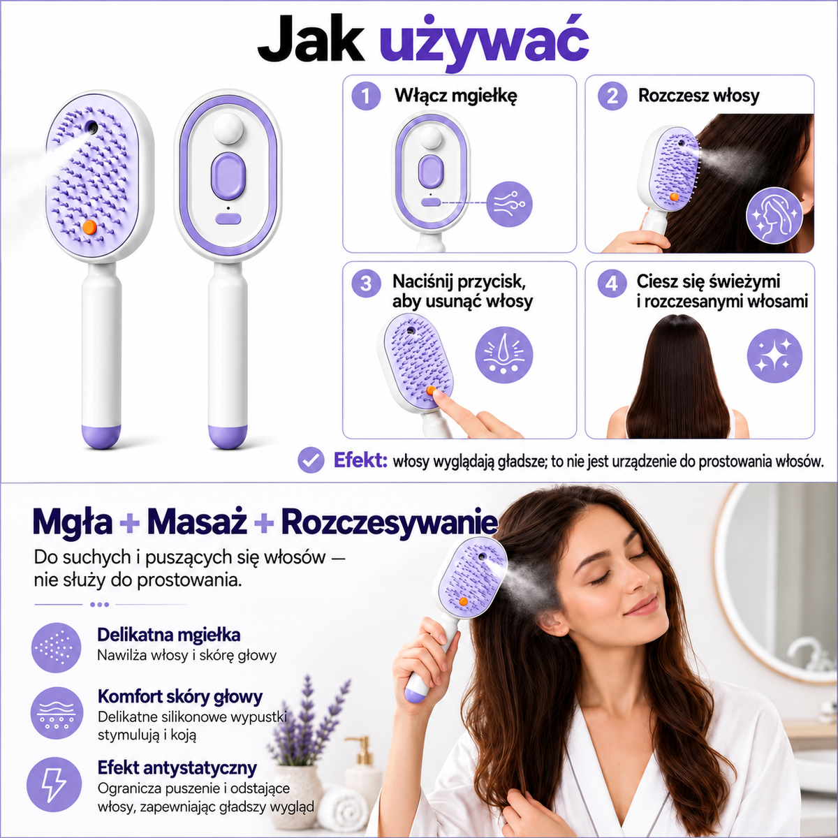 BILLHOL® 💦 Elektryczna szczotka do włosów 5 w 1 – Gładkie i lśniące włosy bez puszenia w kilka chwil | Rozczesuje, masuje i odświeża