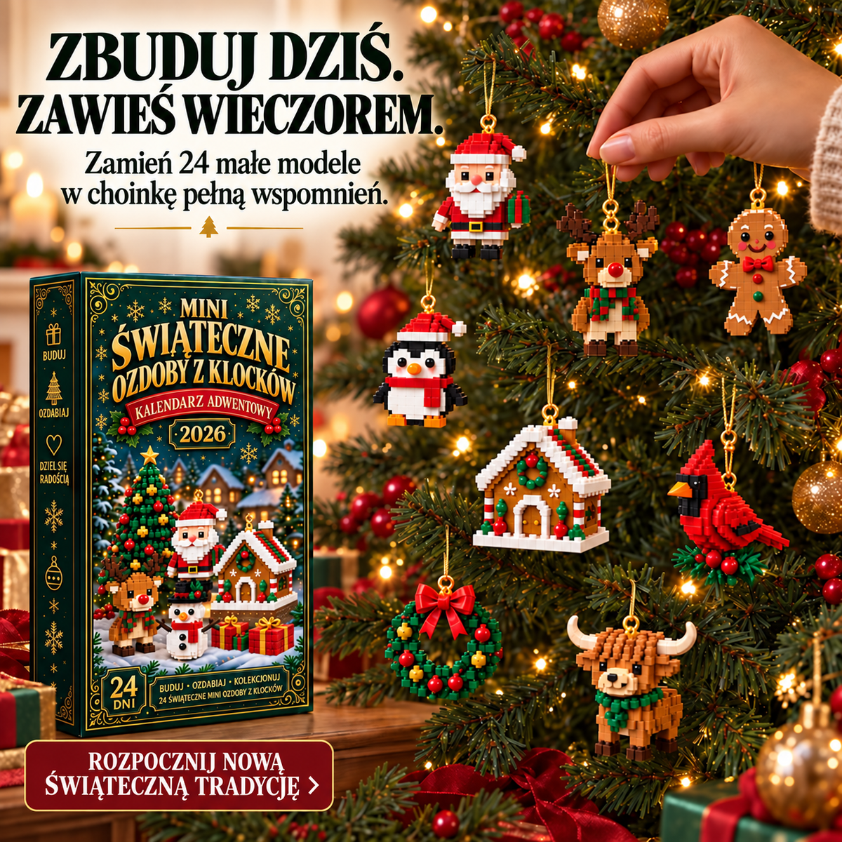 🎄 Billhol® 🌷24-dniowy mini kalendarz adwentowy z klockami i ozdobami świątecznymi – 24 unikalne modele do samodzielnego złożenia
