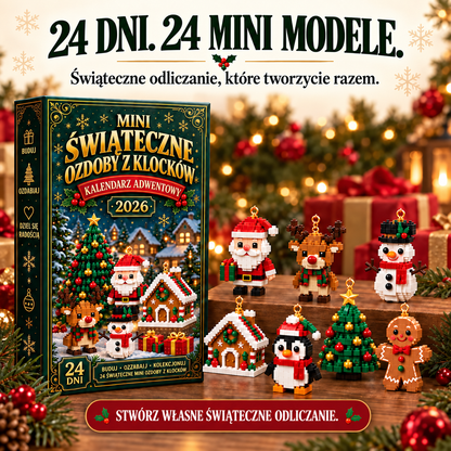 🎄 Billhol® 🥜24-dniowy mini kalendarz adwentowy z klockami i ozdobami świątecznymi – 24 unikalne modele do samodzielnego złożenia
