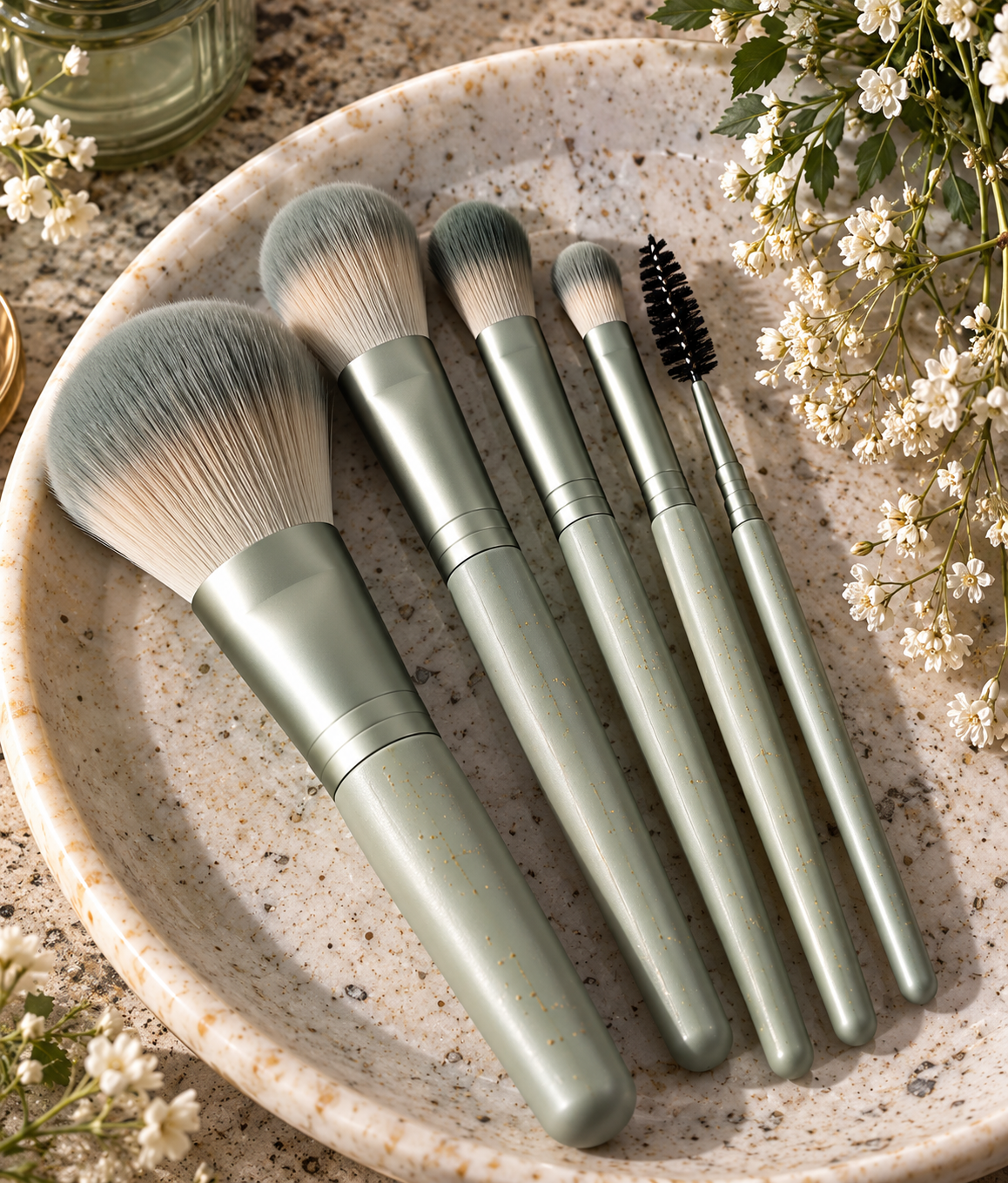 Sage Green Gold Fleck Makeup Brush Set