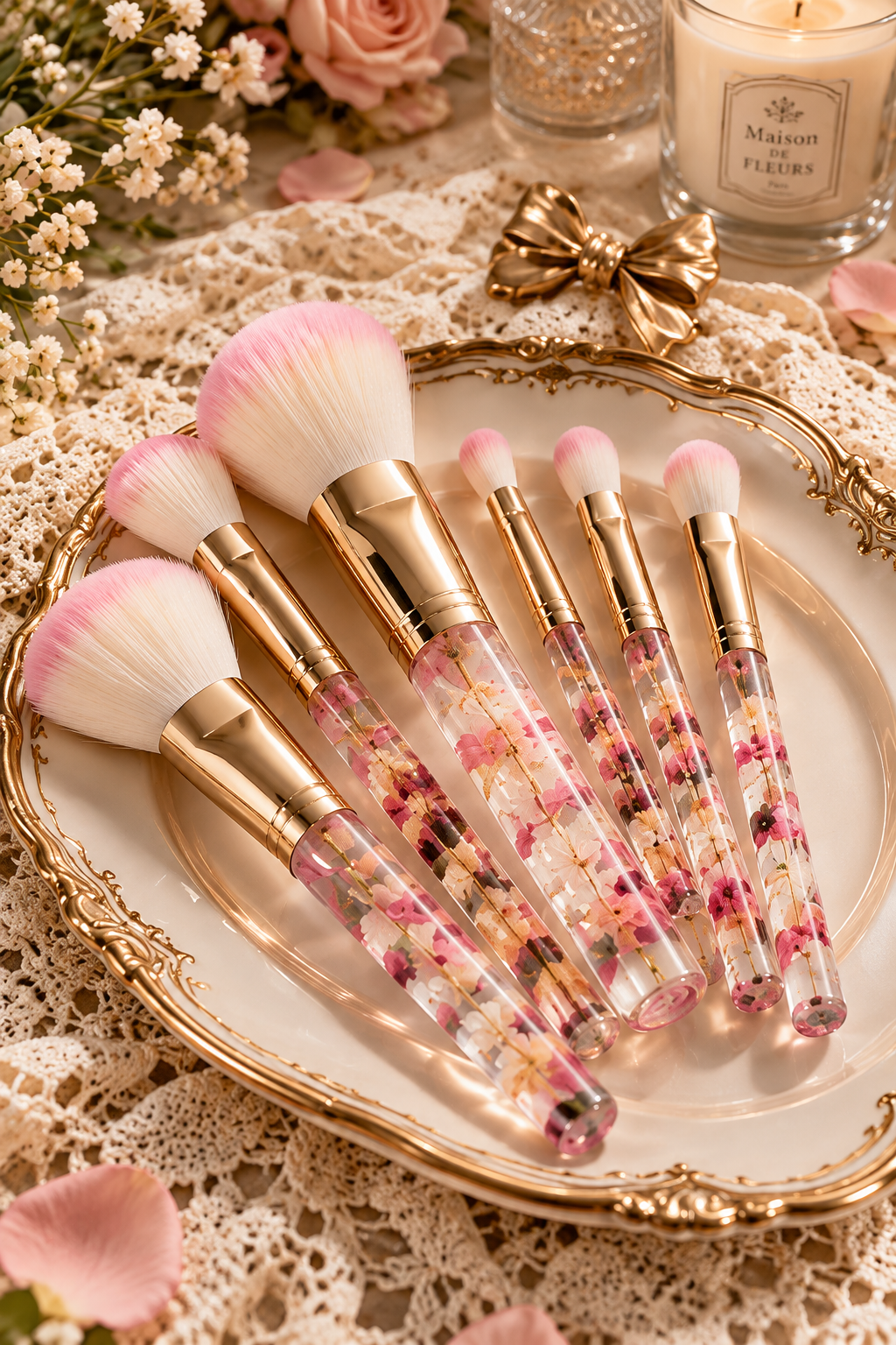 Pressed Floral Crystal Handle Makeup Brush Set