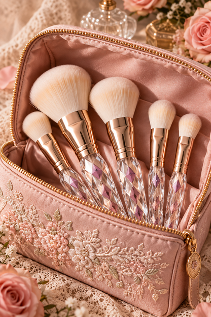 Crystal Facet Rose Gold Makeup Brush Set with Cosmetic Bag