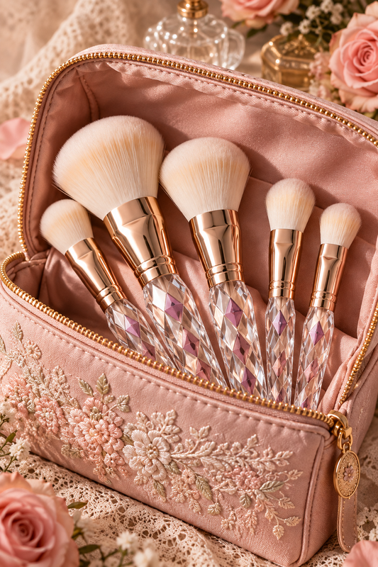 Crystal Facet Rose Gold Makeup Brush Set with Cosmetic Bag