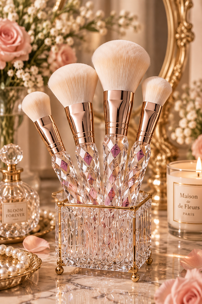 Crystal Facet Rose Gold Makeup Brush Set with Cosmetic Bag