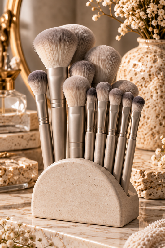 Champagne Taupe Complete Makeup Brush Set with Display Holder