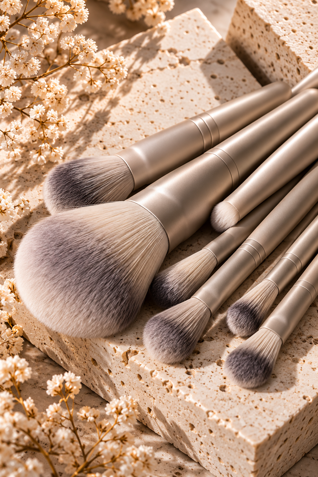Champagne Taupe Complete Makeup Brush Set with Display Holder