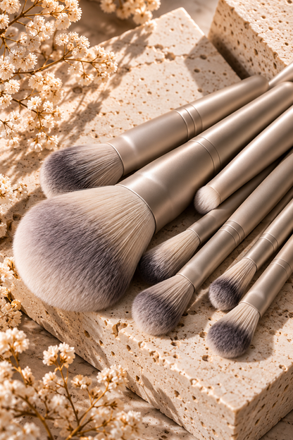 Champagne Taupe Complete Makeup Brush Set with Display Holder