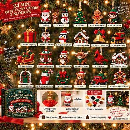 🎄 Billhol® 🥜24-dniowy mini kalendarz adwentowy z klockami i ozdobami świątecznymi – 24 unikalne modele do samodzielnego złożenia
