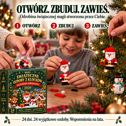 🎄 Billhol® 🎉24-dniowy mini kalendarz adwentowy z klockami i ozdobami świątecznymi – 24 unikalne modele do samodzielnego złożenia