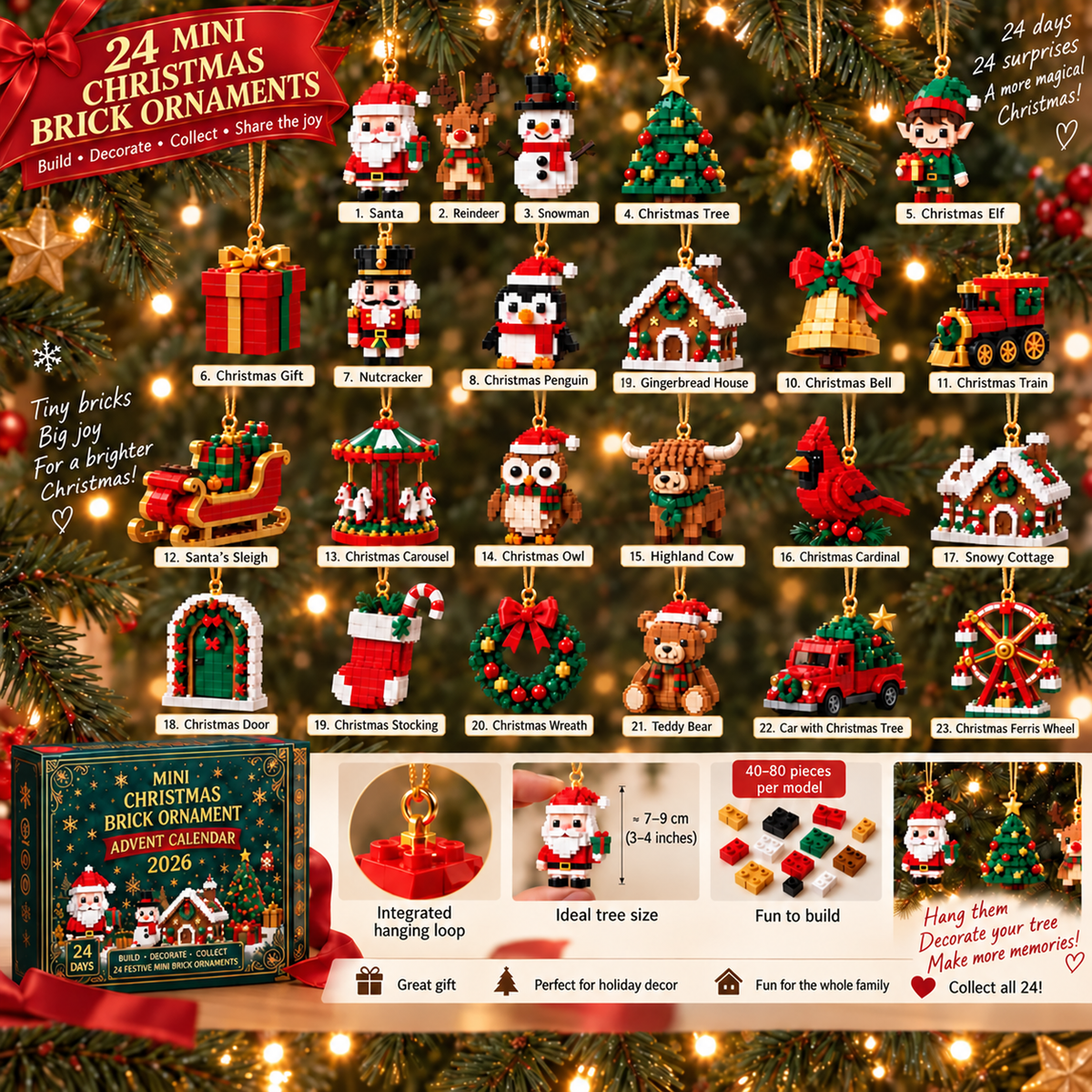 🎄 Billhol® 🎉24-dniowy mini kalendarz adwentowy z klockami i ozdobami świątecznymi – 24 unikalne modele do samodzielnego złożenia