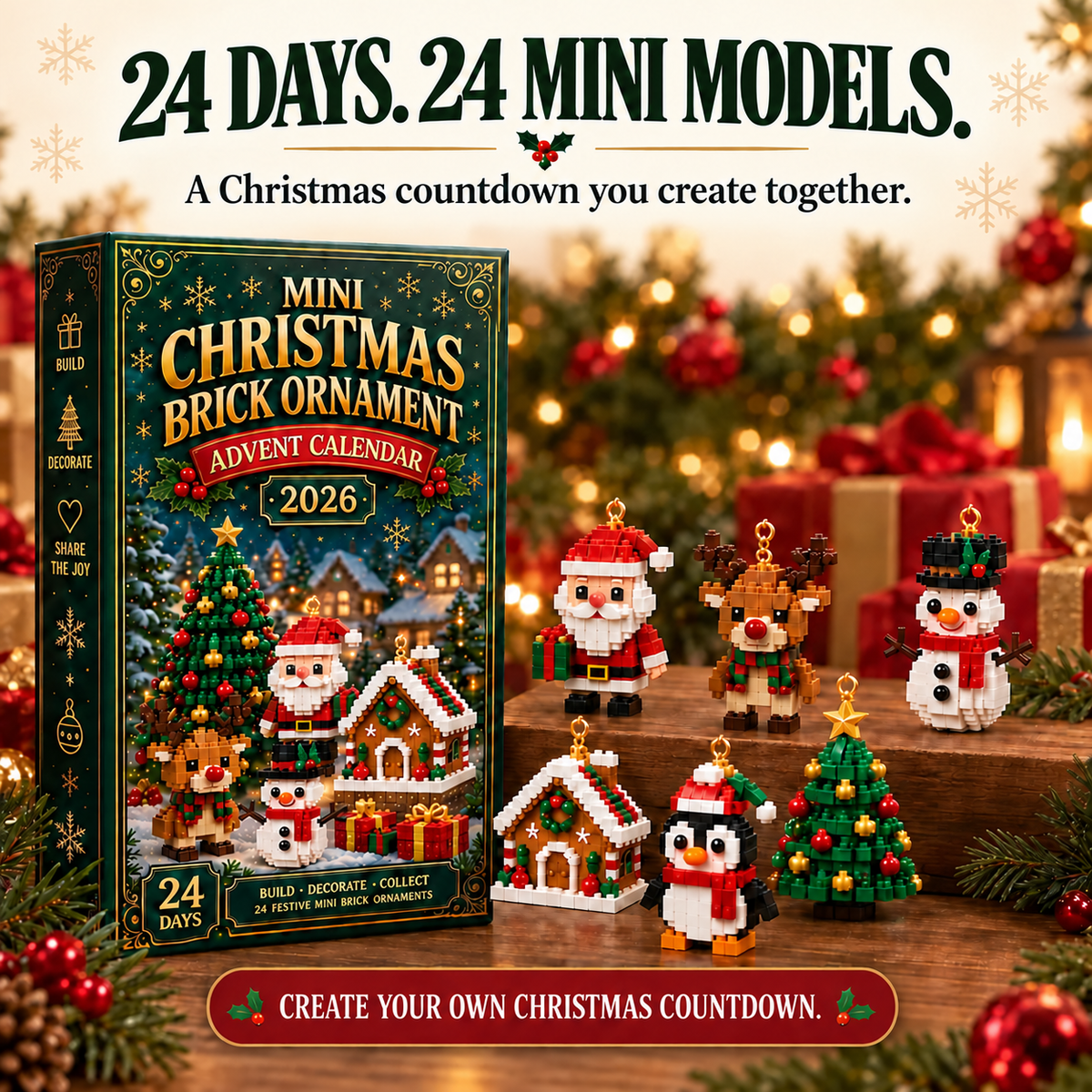 🎄 Billhol® 🎉24-dniowy mini kalendarz adwentowy z klockami i ozdobami świątecznymi – 24 unikalne modele do samodzielnego złożenia
