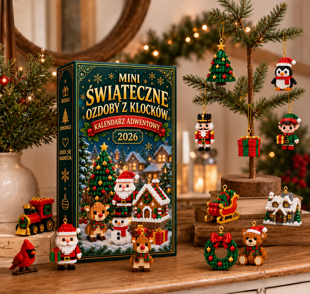 🎄 Billhol® 🎉24-dniowy mini kalendarz adwentowy z klockami i ozdobami świątecznymi – 24 unikalne modele do samodzielnego złożenia